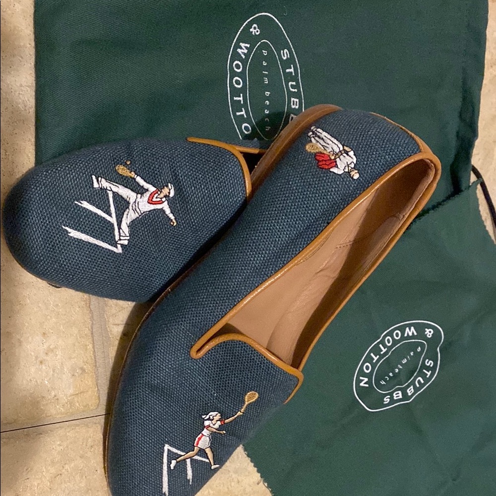 Stubbs & Wootton Blue Tan Embroidered Loafers